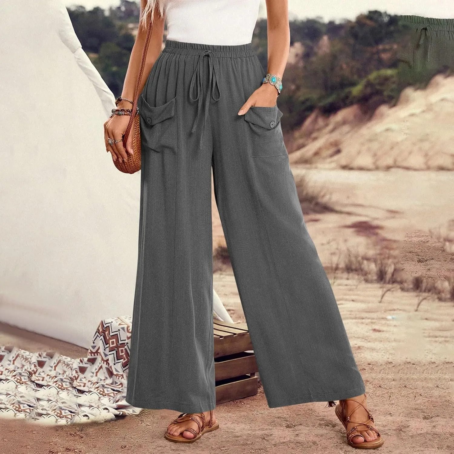 Palazzo Pants for Women,Drawstring Elastic Waist Wide Leg Pants Woman Summer Flowy Beach Vacation Office Trousers