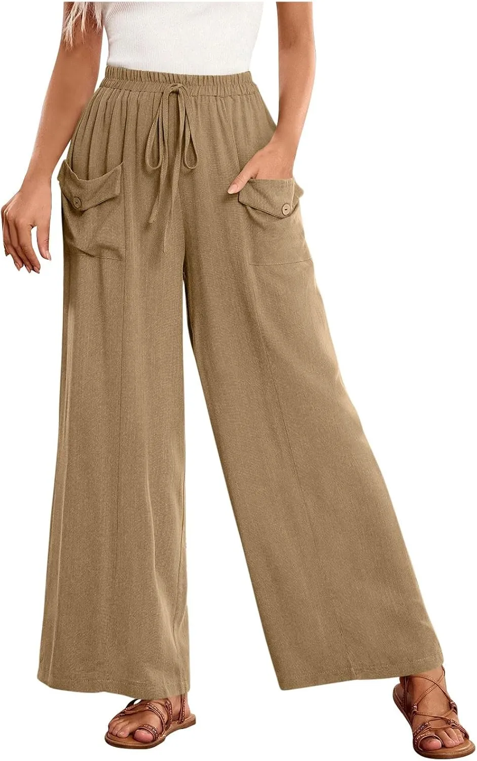 Palazzo Pants for Women,Drawstring Elastic Waist Wide Leg Pants Woman Summer Flowy Beach Vacation Office Trousers