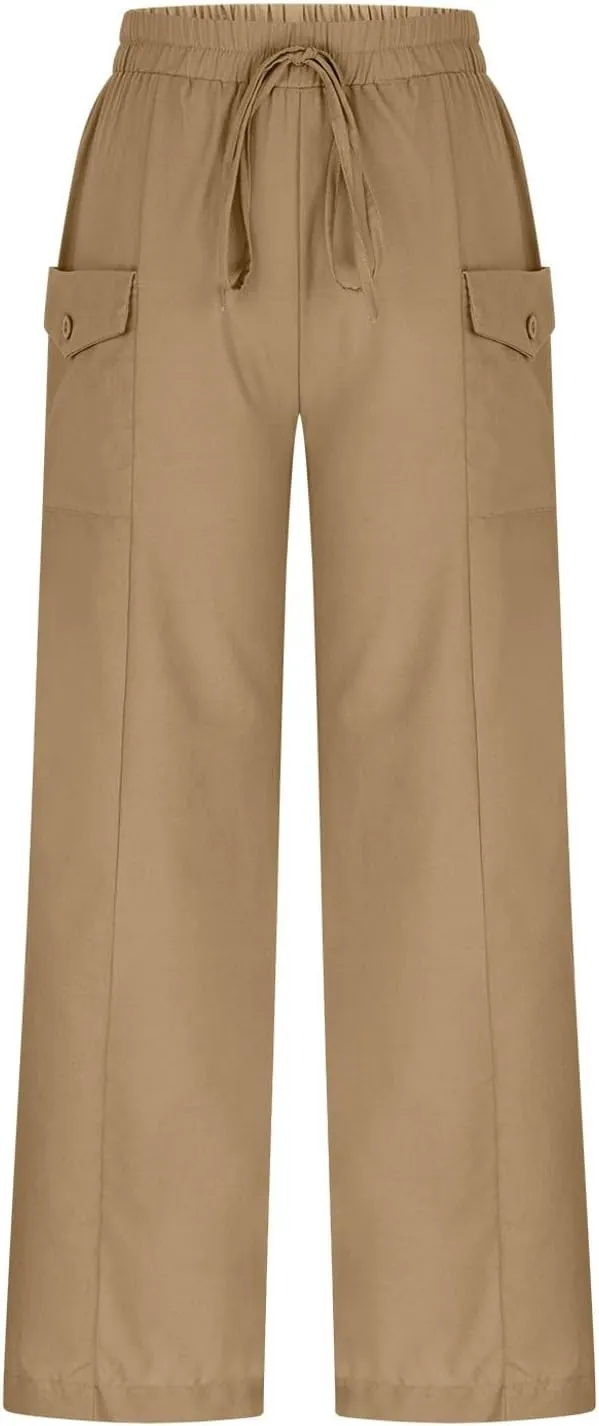 Palazzo Pants for Women,Drawstring Elastic Waist Wide Leg Pants Woman Summer Flowy Beach Vacation Office Trousers