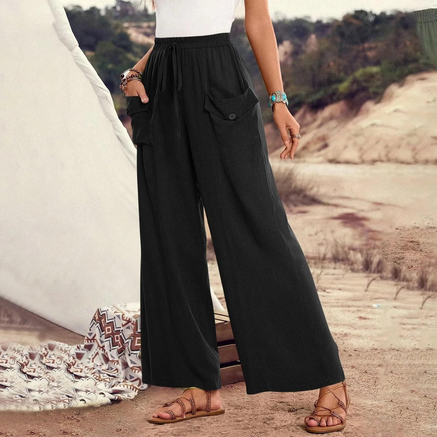 Palazzo Pants for Women,Drawstring Elastic Waist Wide Leg Pants Woman Summer Flowy Beach Vacation Office Trousers