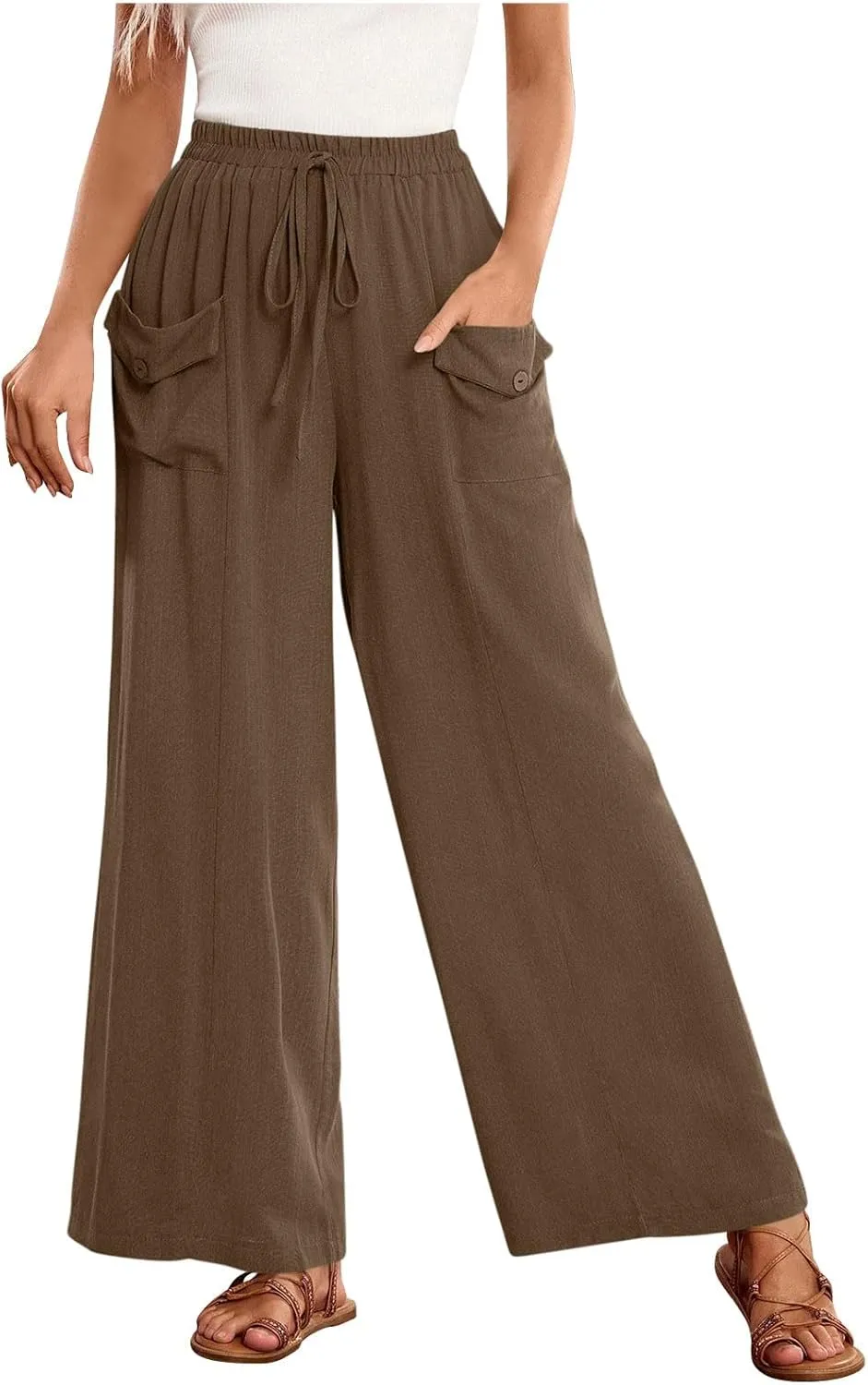 Palazzo Pants for Women,Drawstring Elastic Waist Wide Leg Pants Woman Summer Flowy Beach Vacation Office Trousers