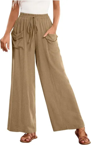 Palazzo Pants for Women,Drawstring Elastic Waist Wide Leg Pants Woman Summer Flowy Beach Vacation Office Trousers