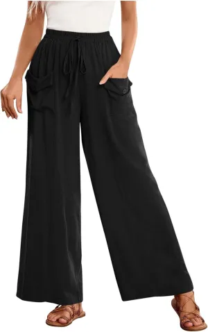 Palazzo Pants for Women,Drawstring Elastic Waist Wide Leg Pants Woman Summer Flowy Beach Vacation Office Trousers