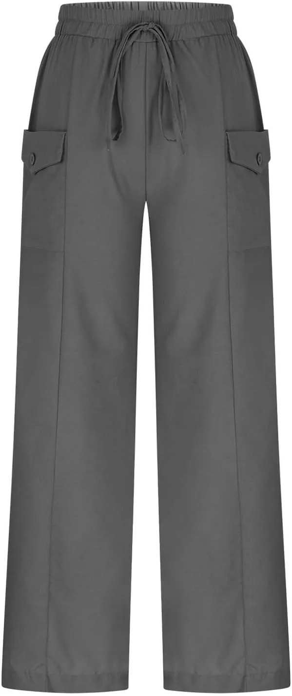 Palazzo Pants for Women,Drawstring Elastic Waist Wide Leg Pants Woman Summer Flowy Beach Vacation Office Trousers