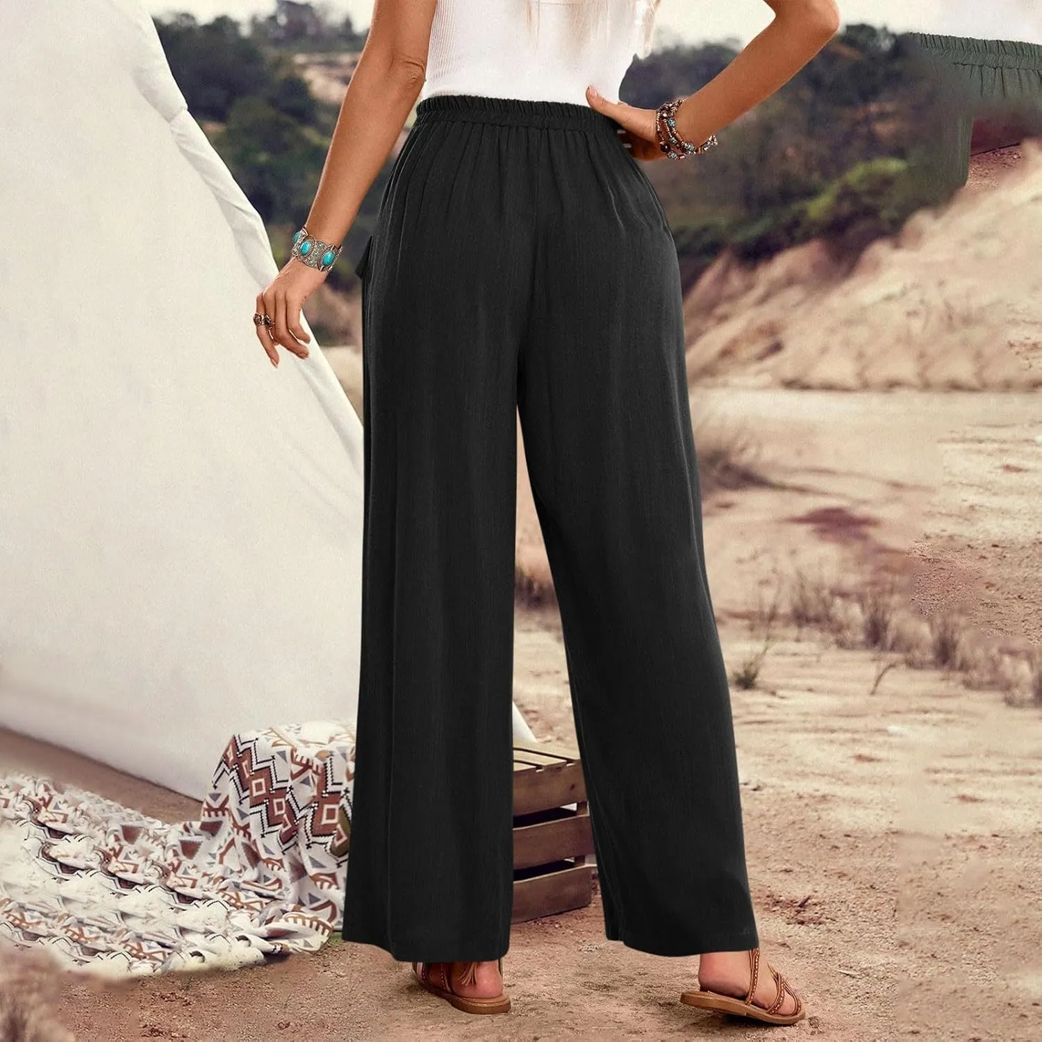 Palazzo Pants for Women,Drawstring Elastic Waist Wide Leg Pants Woman Summer Flowy Beach Vacation Office Trousers