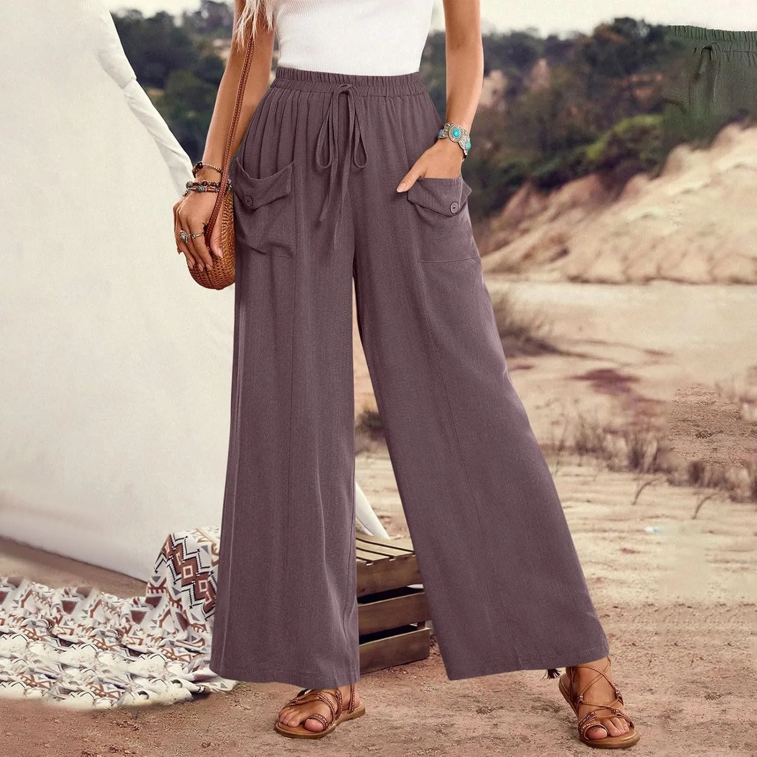 Palazzo Pants for Women,Drawstring Elastic Waist Wide Leg Pants Woman Summer Flowy Beach Vacation Office Trousers