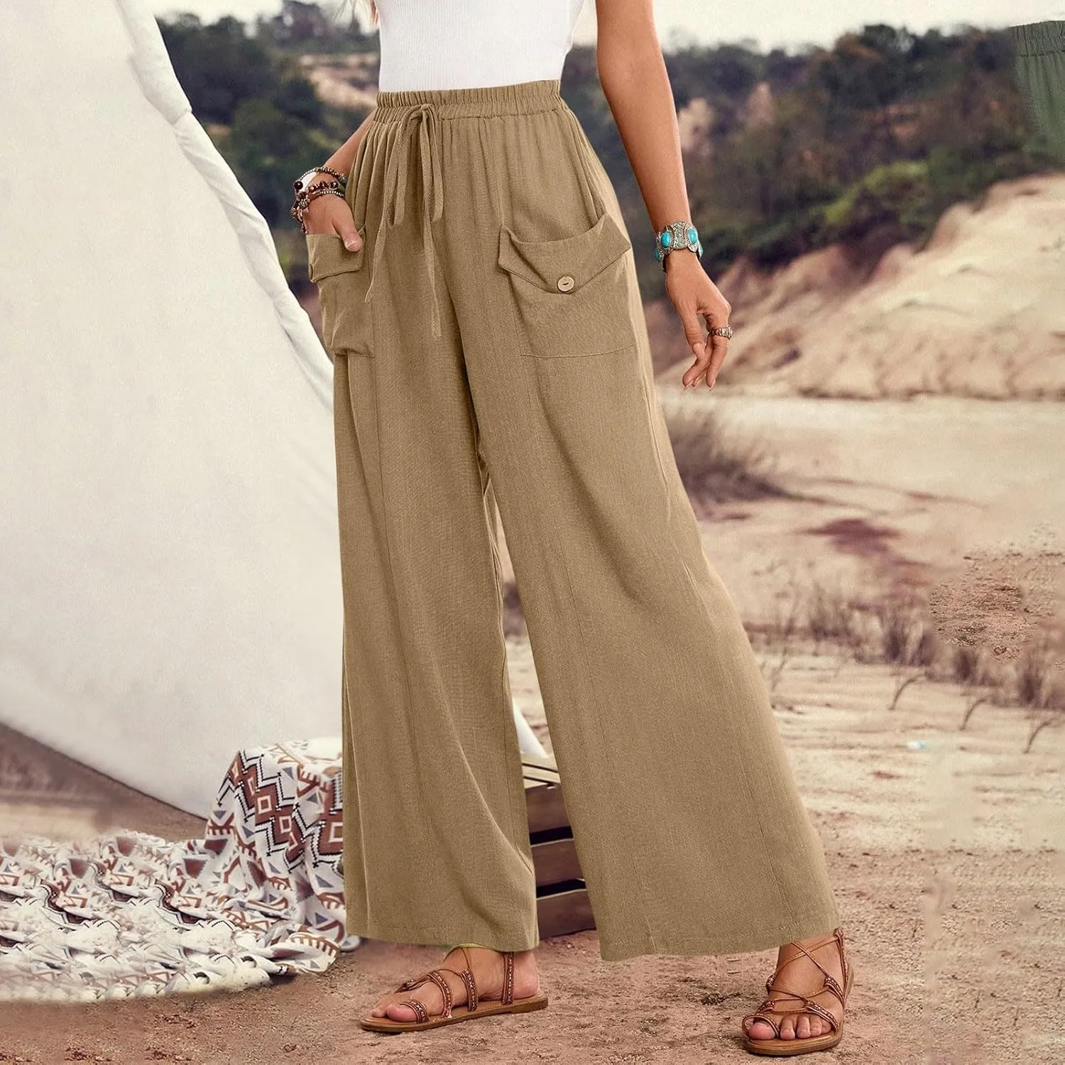 Palazzo Pants for Women,Drawstring Elastic Waist Wide Leg Pants Woman Summer Flowy Beach Vacation Office Trousers
