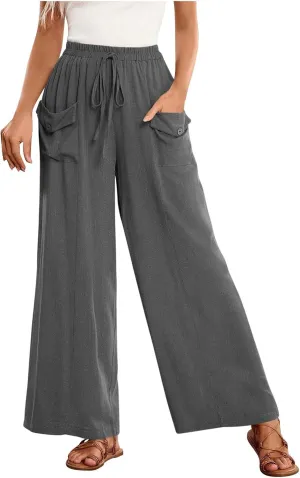 Palazzo Pants for Women,Drawstring Elastic Waist Wide Leg Pants Woman Summer Flowy Beach Vacation Office Trousers