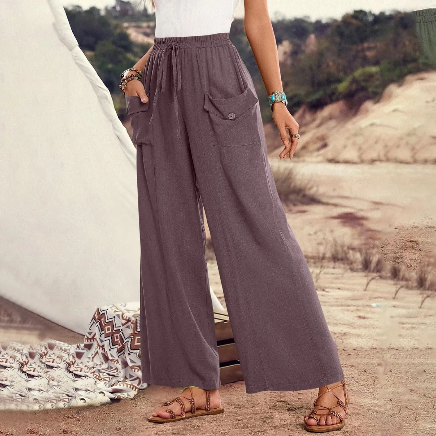 Palazzo Pants for Women,Drawstring Elastic Waist Wide Leg Pants Woman Summer Flowy Beach Vacation Office Trousers