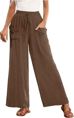 Palazzo Pants for Women,Drawstring Elastic Waist Wide Leg Pants Woman Summer Flowy Beach Vacation Office Trousers