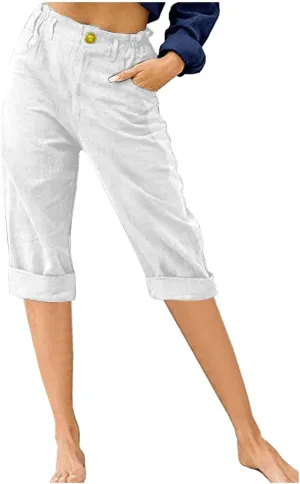 PANOEGSN Women High Waist Capri Pants Summer Casual Knee Length Trousers Hiking Cropped Joggers Comfy Soft Solid Biking Pants