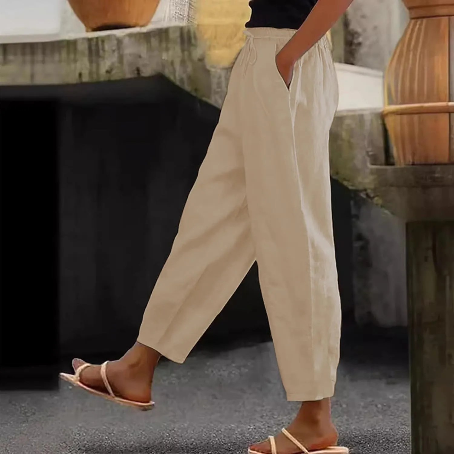 Pants for Women Beach Vacation Outfit 2025 Flowy Solid Resort Pant with Pockets Harem Cropped Summer Drawstring Slim Joggers