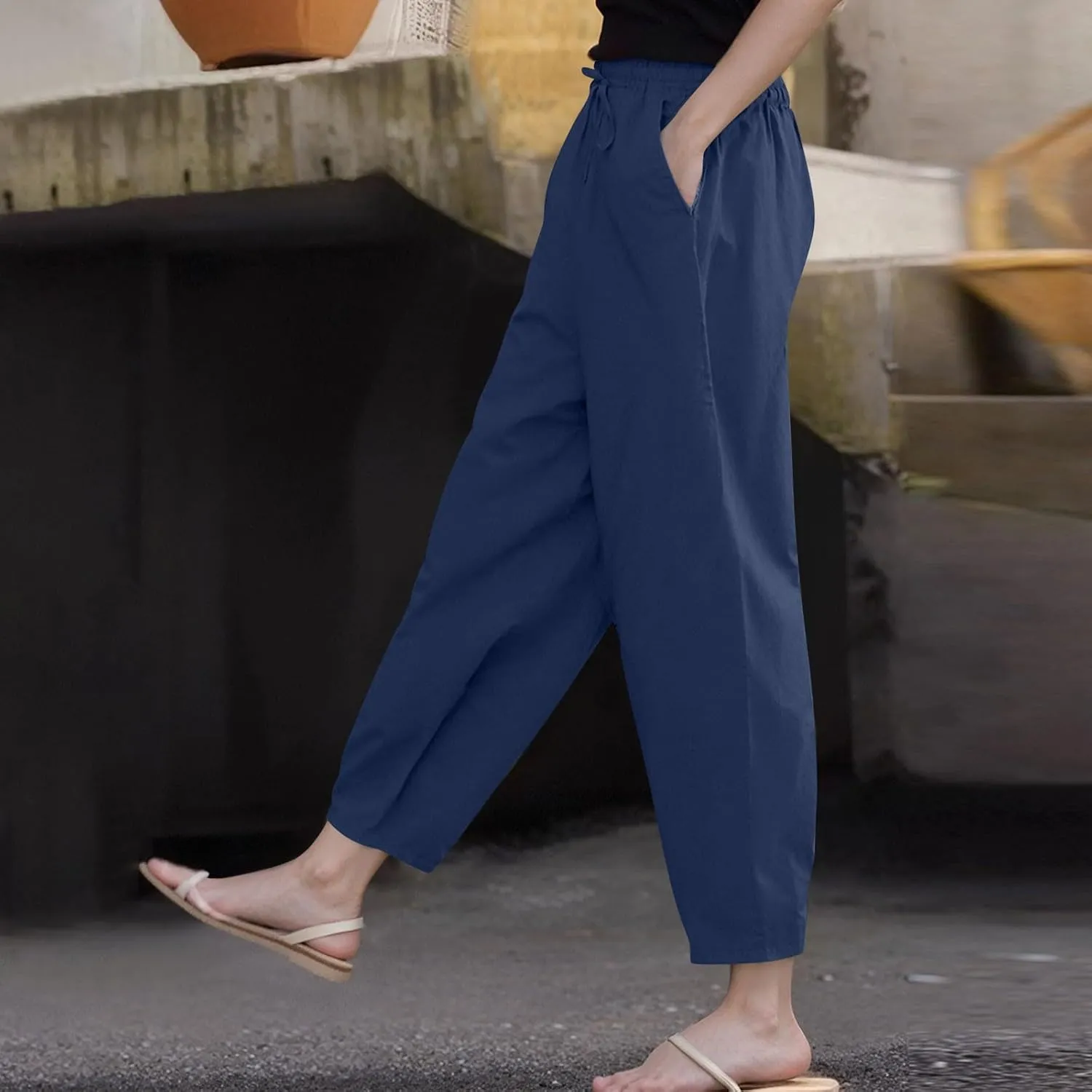 Pants for Women Beach Vacation Outfit 2025 Flowy Solid Resort Pant with Pockets Harem Cropped Summer Drawstring Slim Joggers