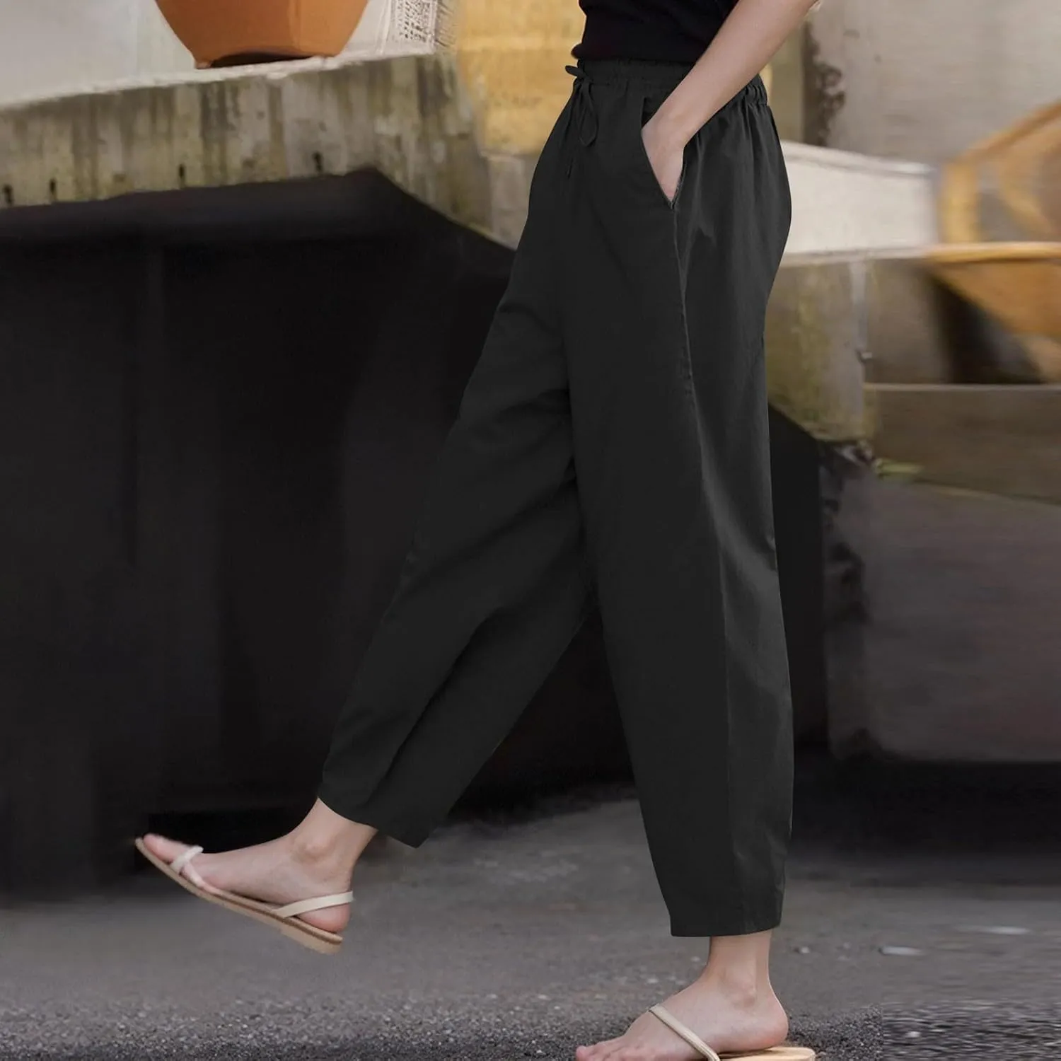 Pants for Women Beach Vacation Outfit 2025 Flowy Solid Resort Pant with Pockets Harem Cropped Summer Drawstring Slim Joggers