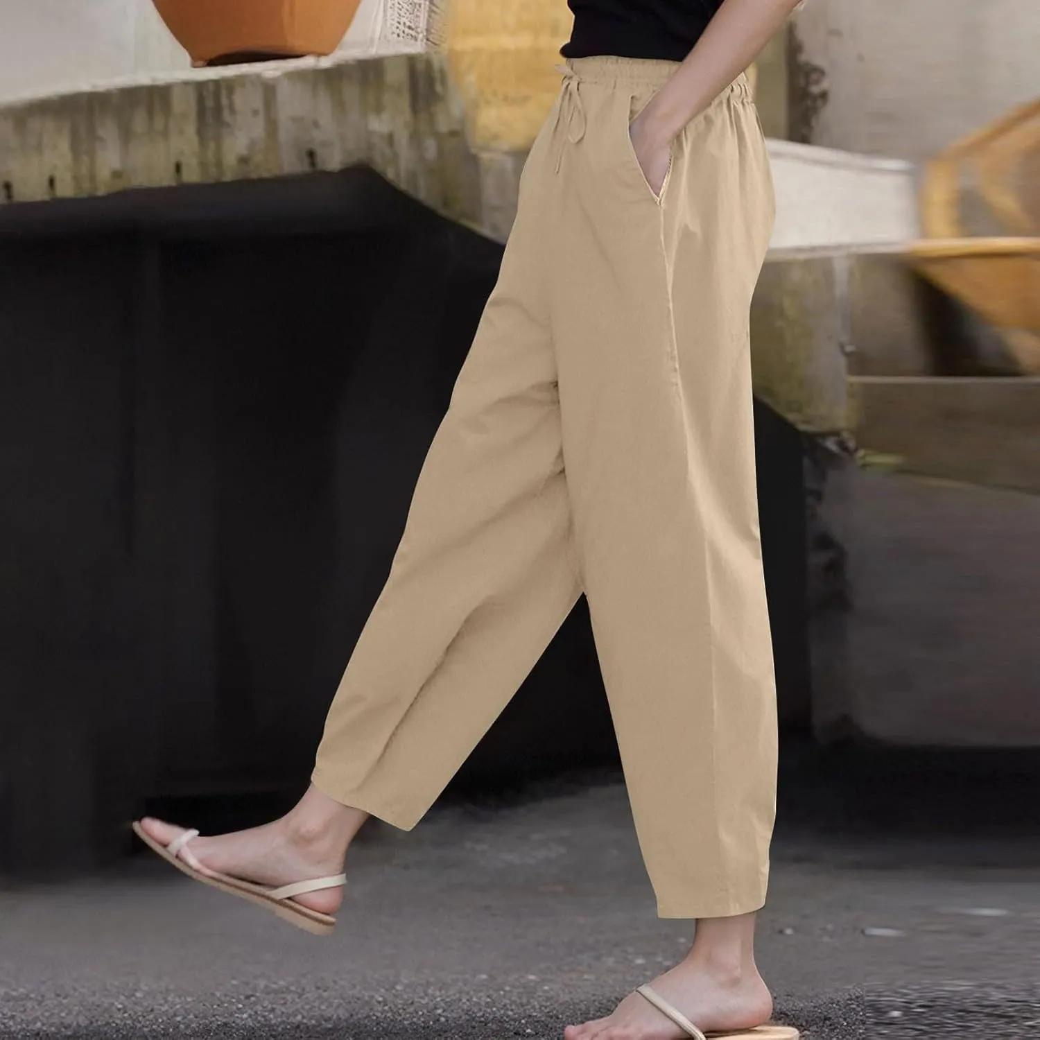 Pants for Women Beach Vacation Outfit 2025 Flowy Solid Resort Pant with Pockets Harem Cropped Summer Drawstring Slim Joggers