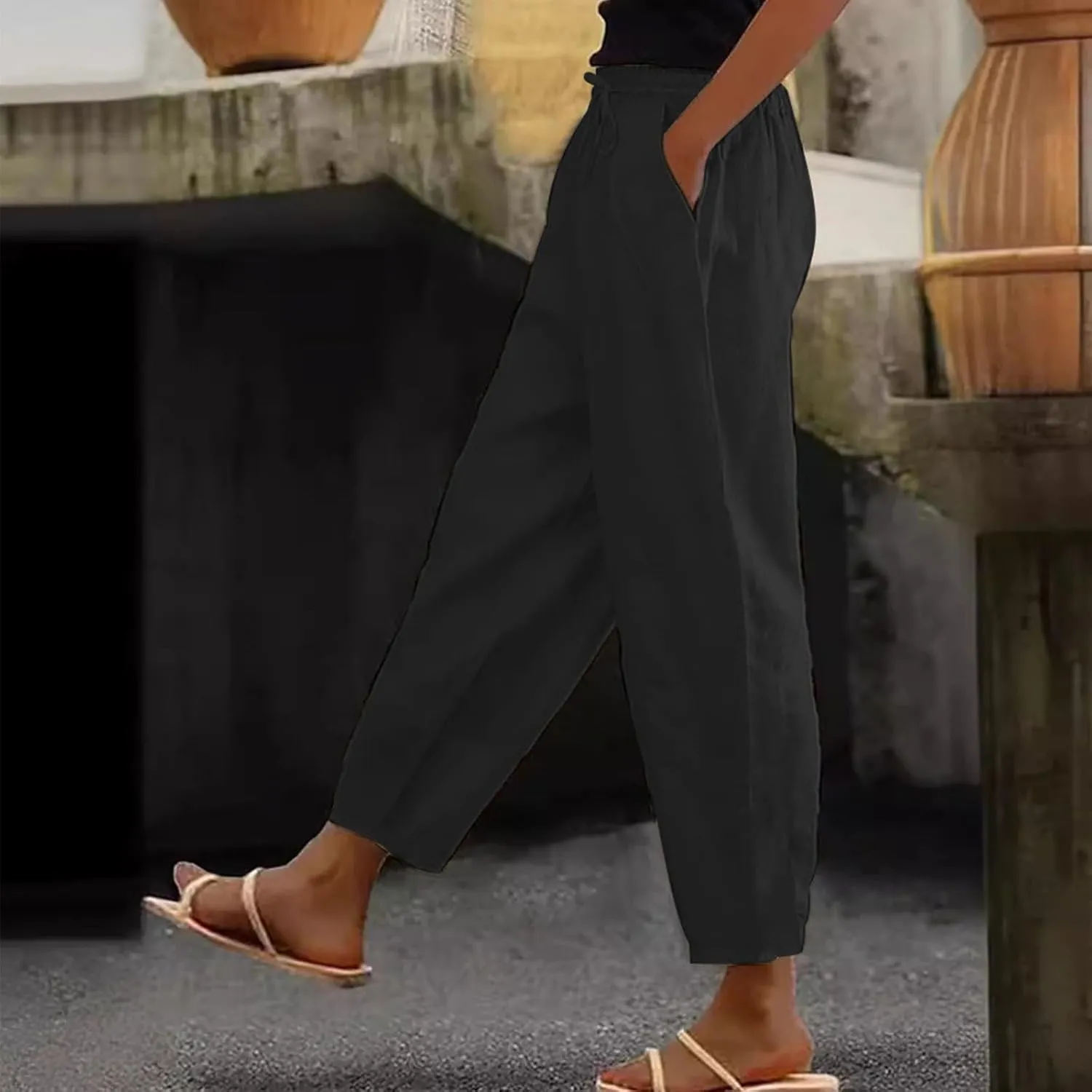 Pants for Women Beach Vacation Outfit 2025 Flowy Solid Resort Pant with Pockets Harem Cropped Summer Drawstring Slim Joggers