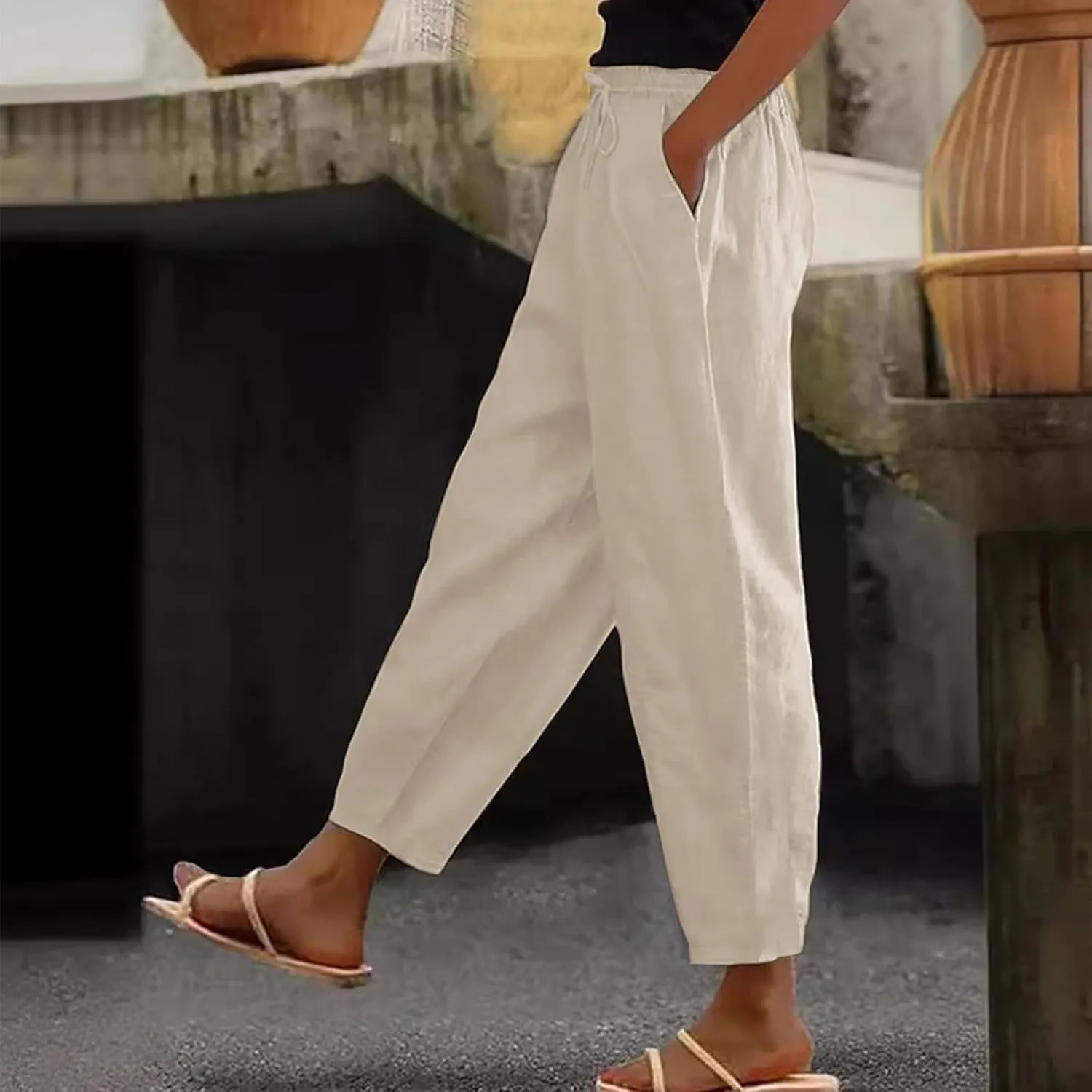 Pants for Women Beach Vacation Outfit 2025 Flowy Solid Resort Pant with Pockets Harem Cropped Summer Drawstring Slim Joggers