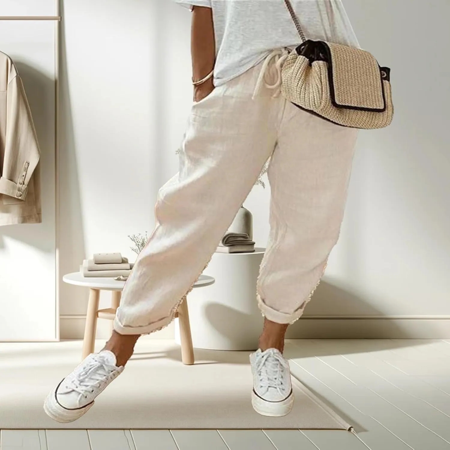 Pants for Women Beach Vacation Outfits 2025 Drawstring Casual Pants with PocketsSolid Harem Going Out Lightweight Sweatpants