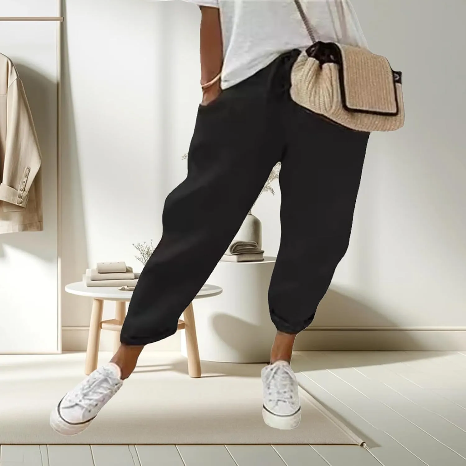 Pants for Women Beach Vacation Outfits 2025 Drawstring Casual Pants with PocketsSolid Harem Going Out Lightweight Sweatpants