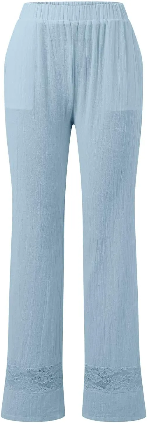 Pants for Women High Waist Elastic Straight Leg Gauze Pants Casual Loose Lightweight Beach Trousers Lounge Pants
