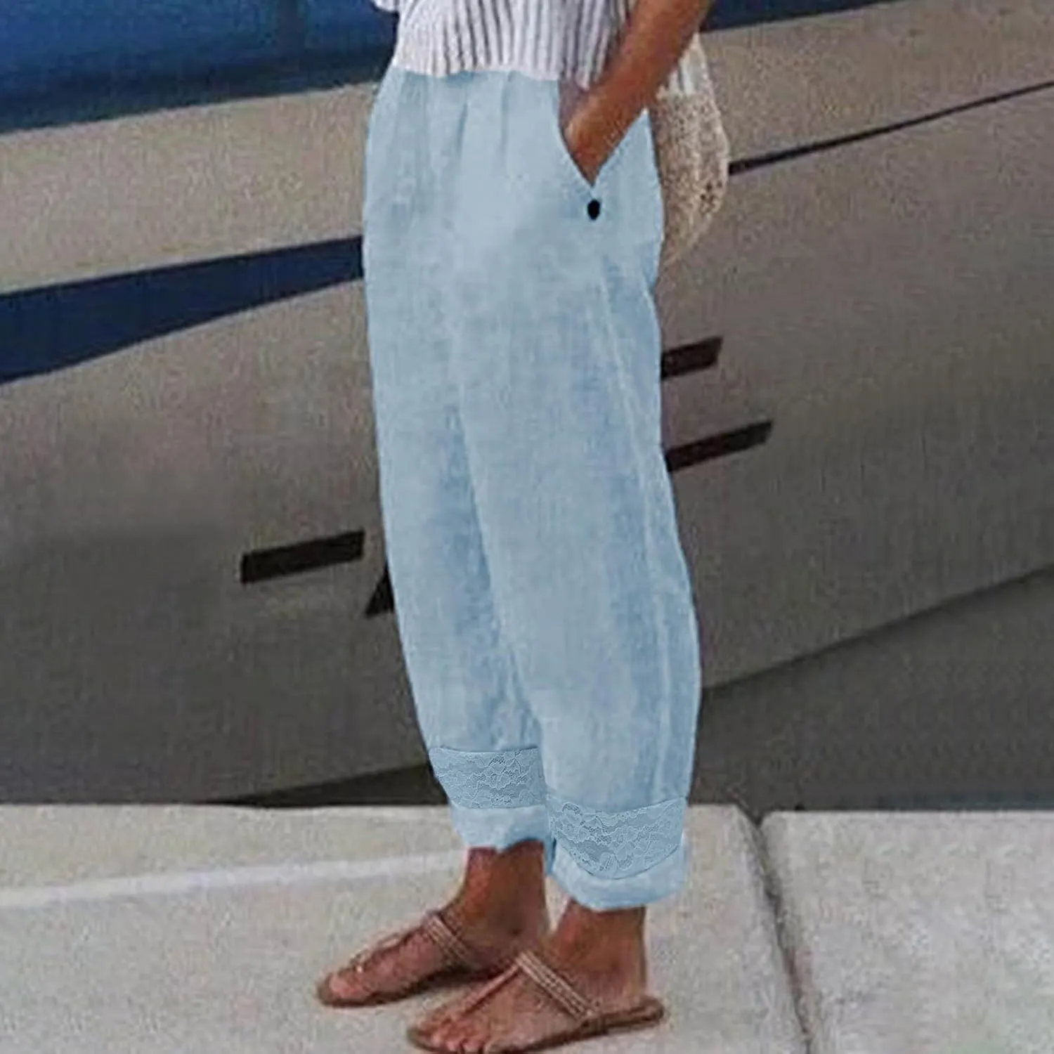 Pants for Women High Waist Elastic Straight Leg Gauze Pants Casual Loose Lightweight Beach Trousers Lounge Pants