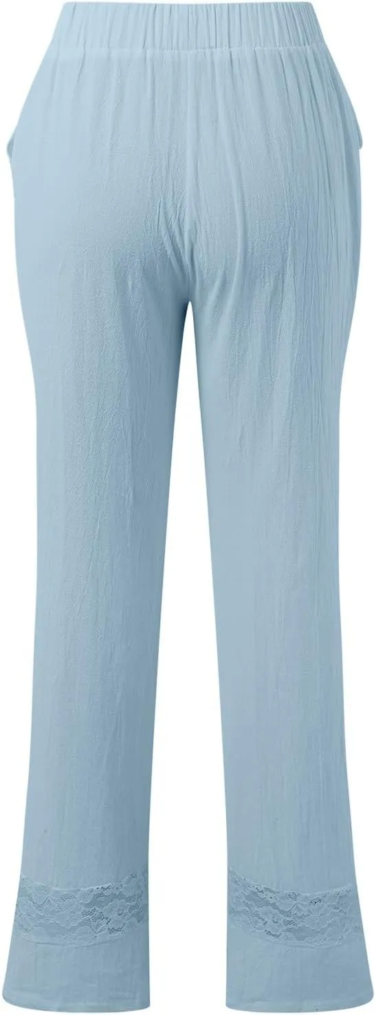 Pants for Women High Waist Elastic Straight Leg Gauze Pants Casual Loose Lightweight Beach Trousers Lounge Pants