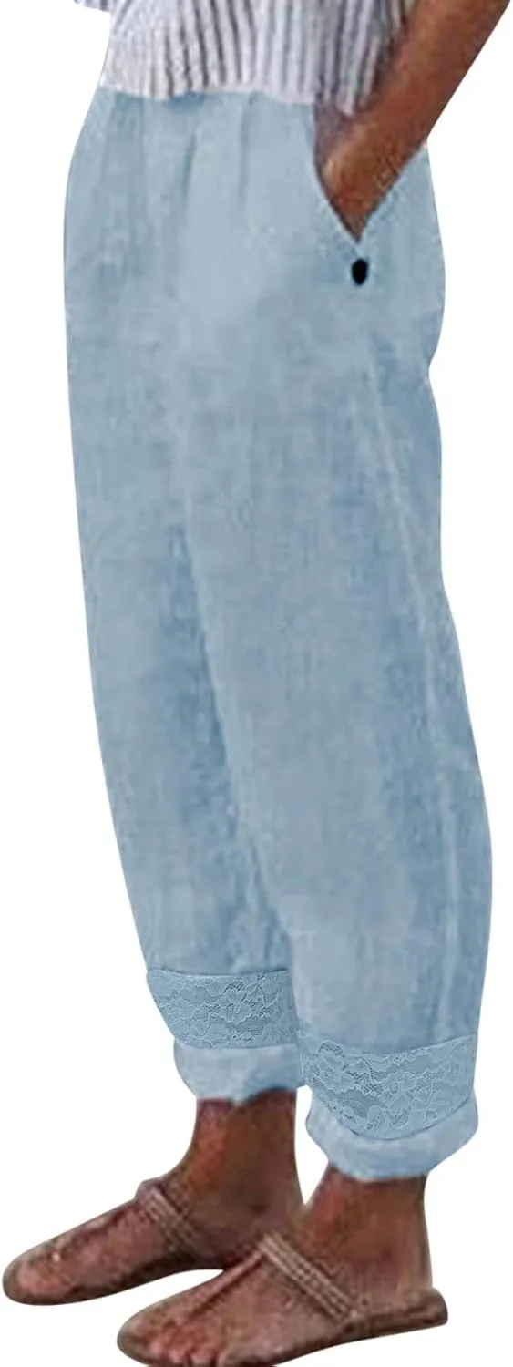 Pants for Women High Waist Elastic Straight Leg Gauze Pants Casual Loose Lightweight Beach Trousers Lounge Pants
