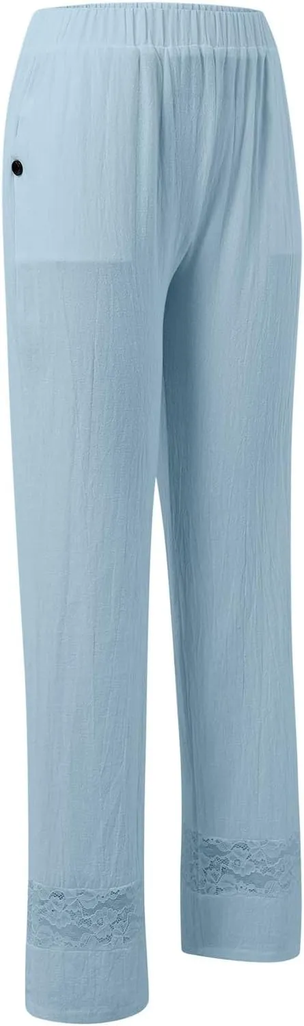 Pants for Women High Waist Elastic Straight Leg Gauze Pants Casual Loose Lightweight Beach Trousers Lounge Pants
