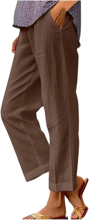 Pants for Women Linen Pants Elastic High Waist Pant Lightweight Straight Leg Pant Casual Summer Comfort Linen Trouser