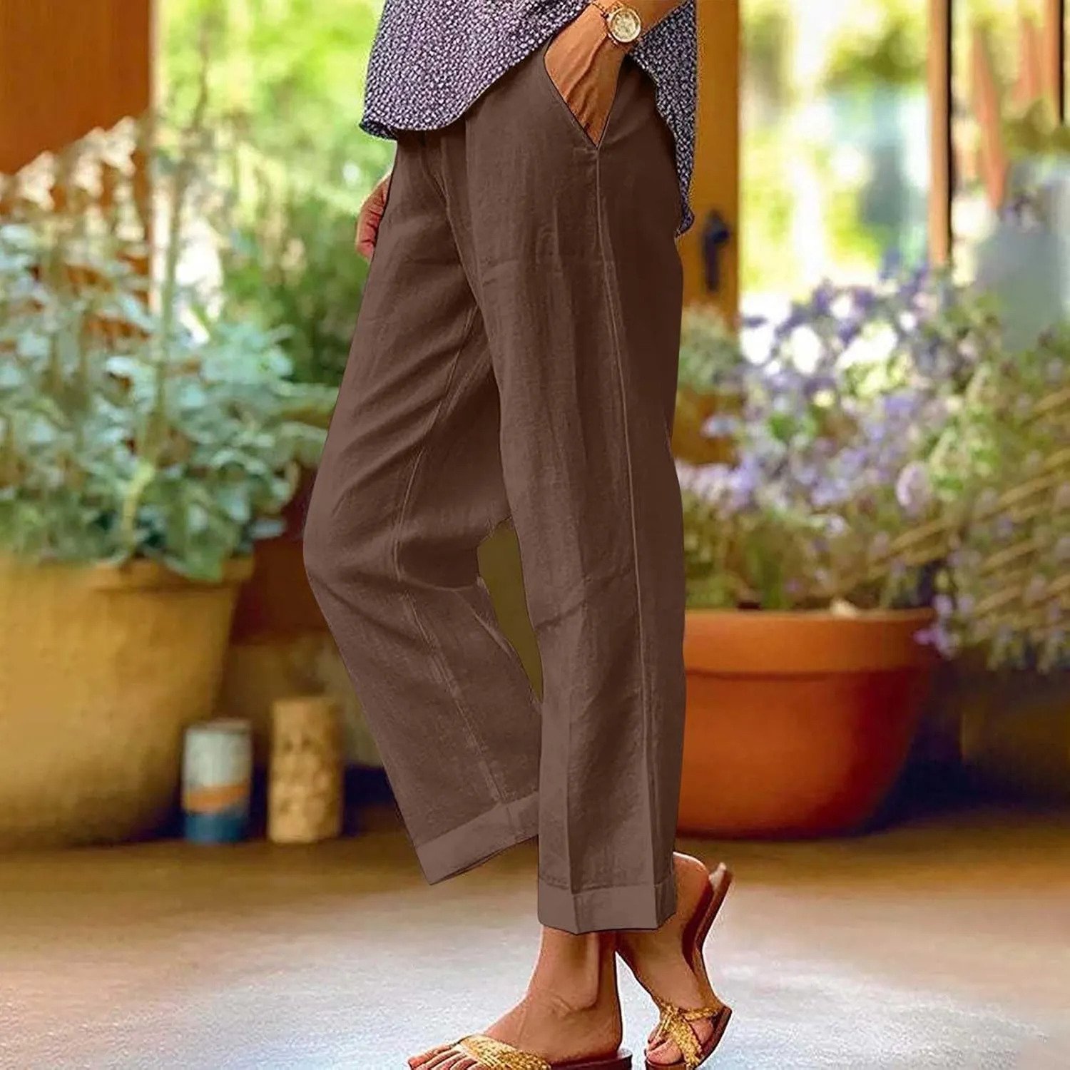 Pants for Women Linen Pants Elastic High Waist Pant Lightweight Straight Leg Pant Casual Summer Comfort Linen Trouser