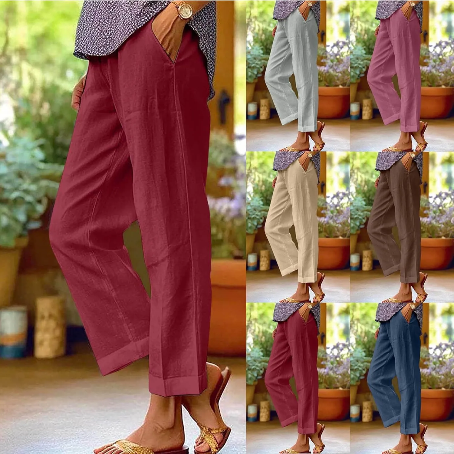 Pants for Women Linen Pants Elastic High Waist Pant Lightweight Straight Leg Pant Casual Summer Comfort Linen Trouser