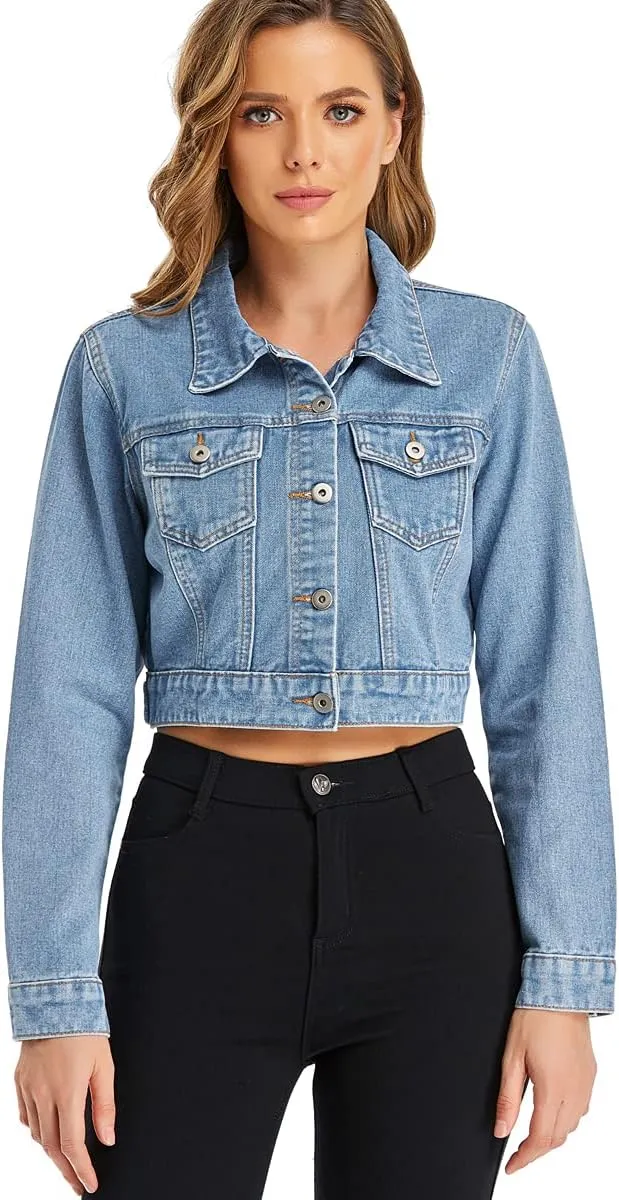 PEIQI Womens Cropped Jean Denim Jacket Button Down Long Sleeve with Pockets