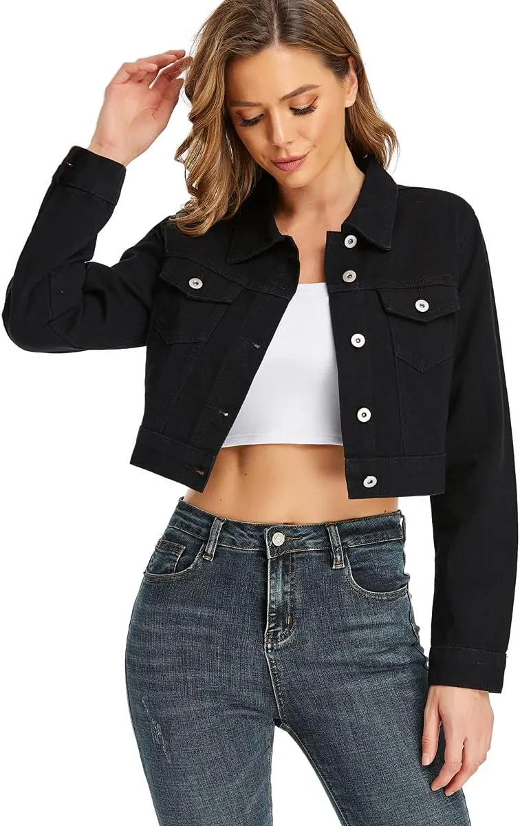 PEIQI Womens Cropped Jean Denim Jacket Button Down Long Sleeve with Pockets