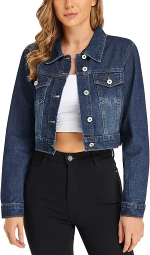 PEIQI Womens Cropped Jean Denim Jacket Button Down Long Sleeve with Pockets