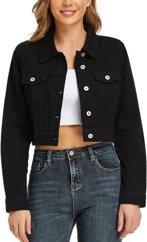 PEIQI Womens Cropped Jean Denim Jacket Button Down Long Sleeve with Pockets