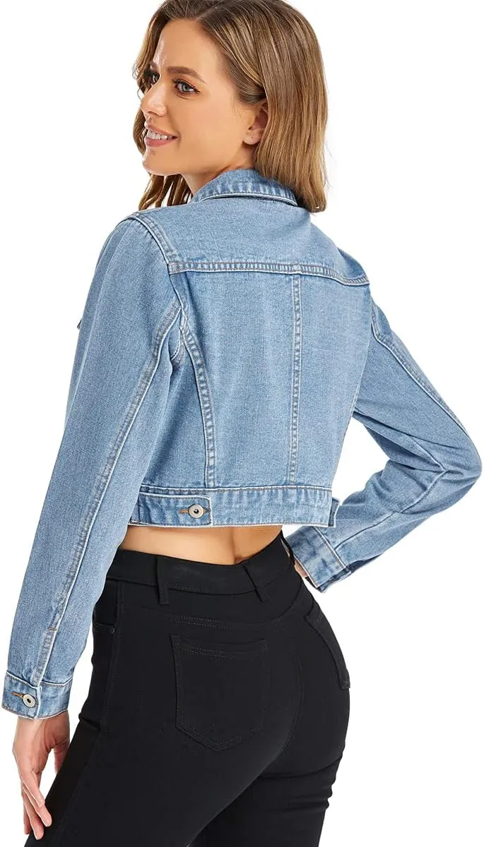 PEIQI Womens Cropped Jean Denim Jacket Button Down Long Sleeve with Pockets