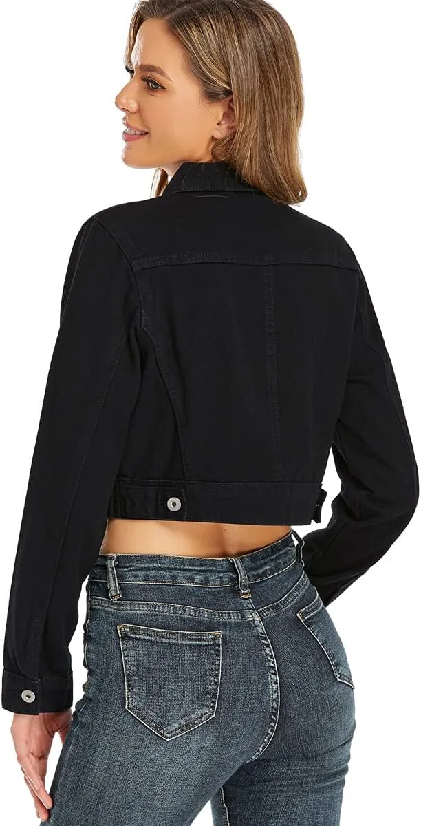 PEIQI Womens Cropped Jean Denim Jacket Button Down Long Sleeve with Pockets