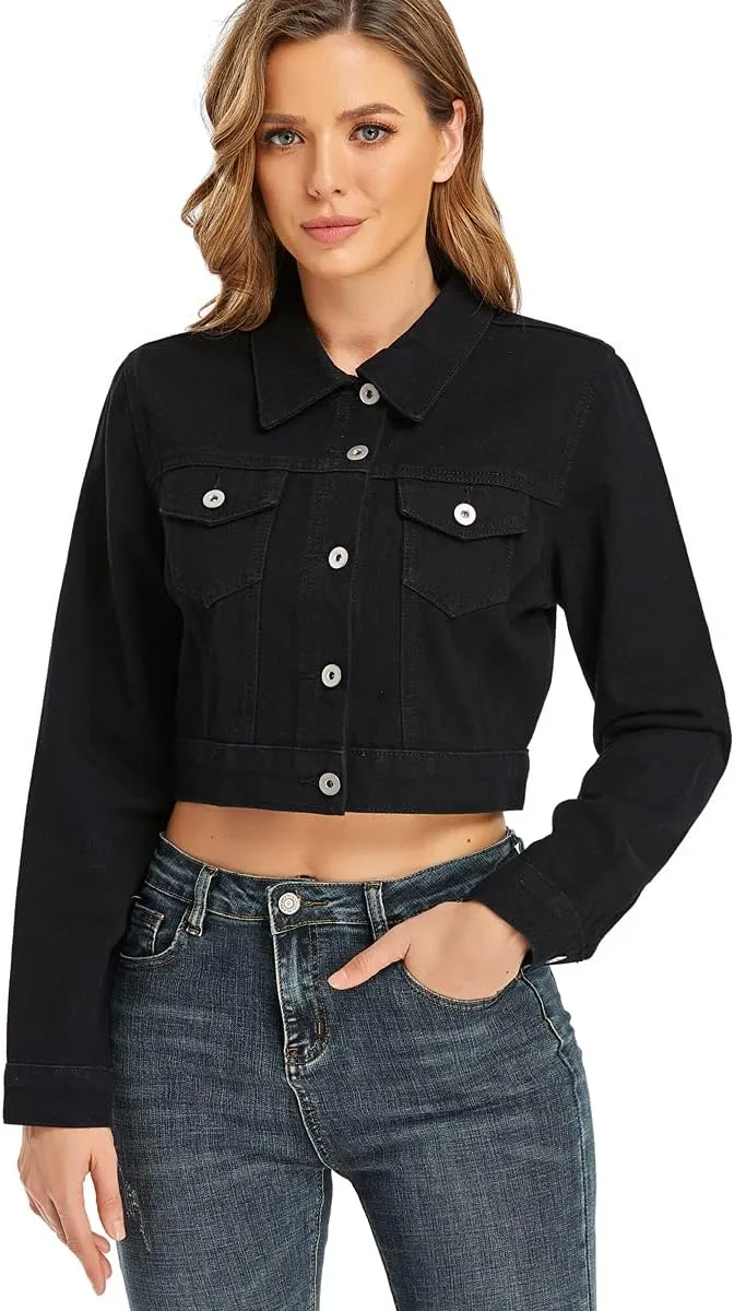 PEIQI Womens Cropped Jean Denim Jacket Button Down Long Sleeve with Pockets