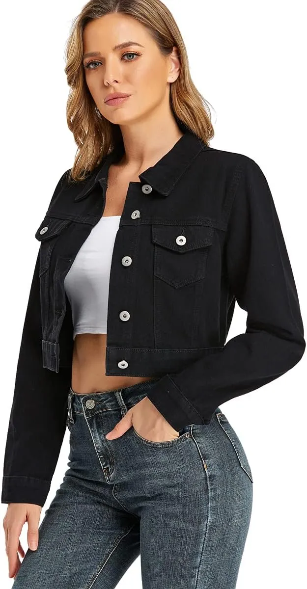 PEIQI Womens Cropped Jean Denim Jacket Button Down Long Sleeve with Pockets