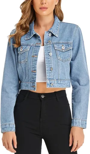 PEIQI Womens Cropped Jean Denim Jacket Button Down Long Sleeve with Pockets