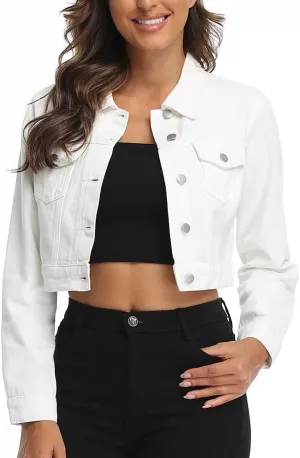 PEIQI Womens Cropped Jean Denim Jacket Button Down Long Sleeve with Pockets