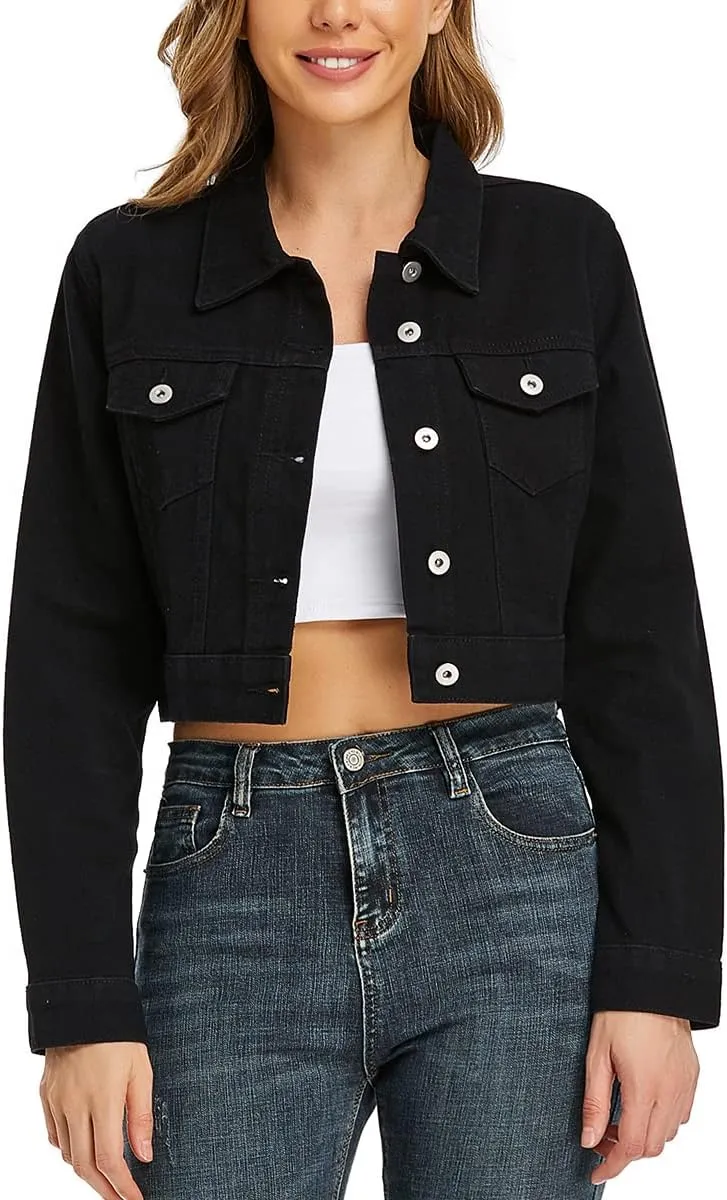 PEIQI Womens Cropped Jean Denim Jacket Button Down Long Sleeve with Pockets