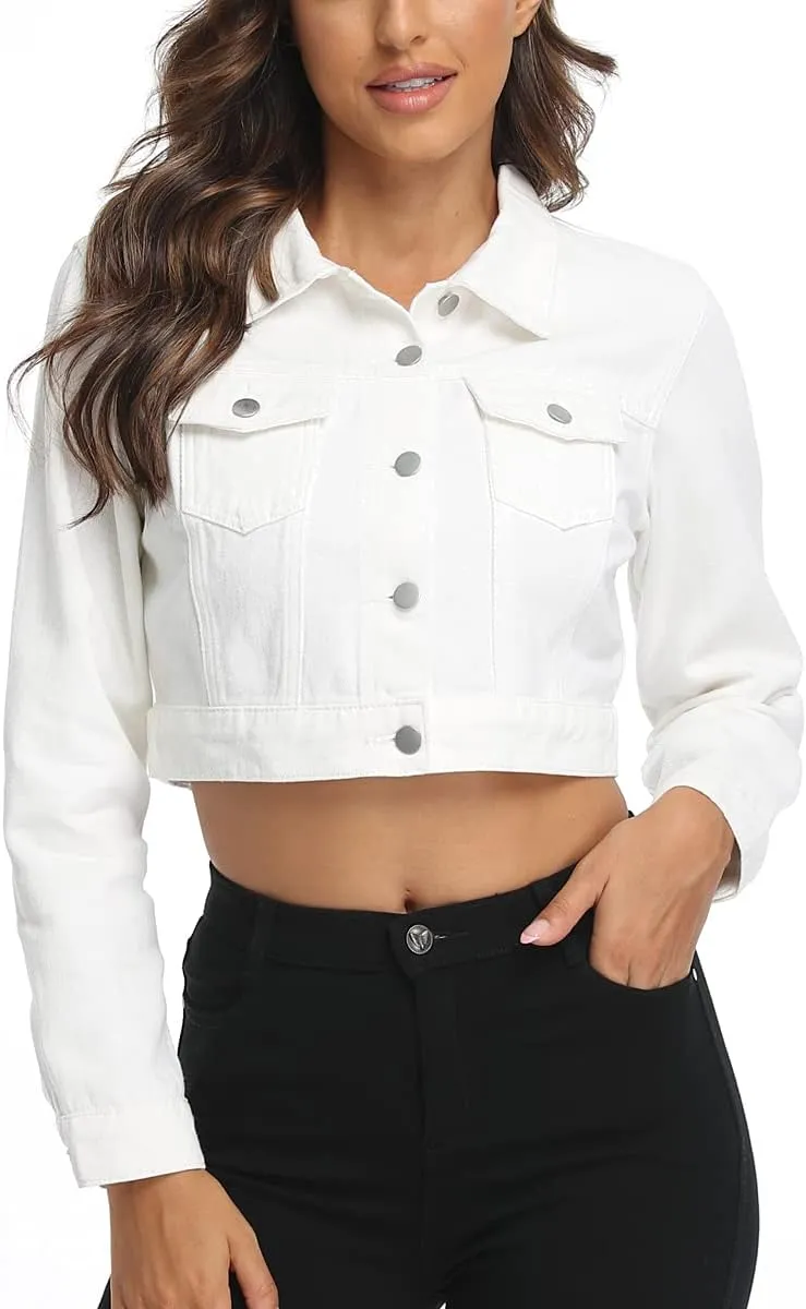 PEIQI Womens Cropped Jean Denim Jacket Button Down Long Sleeve with Pockets