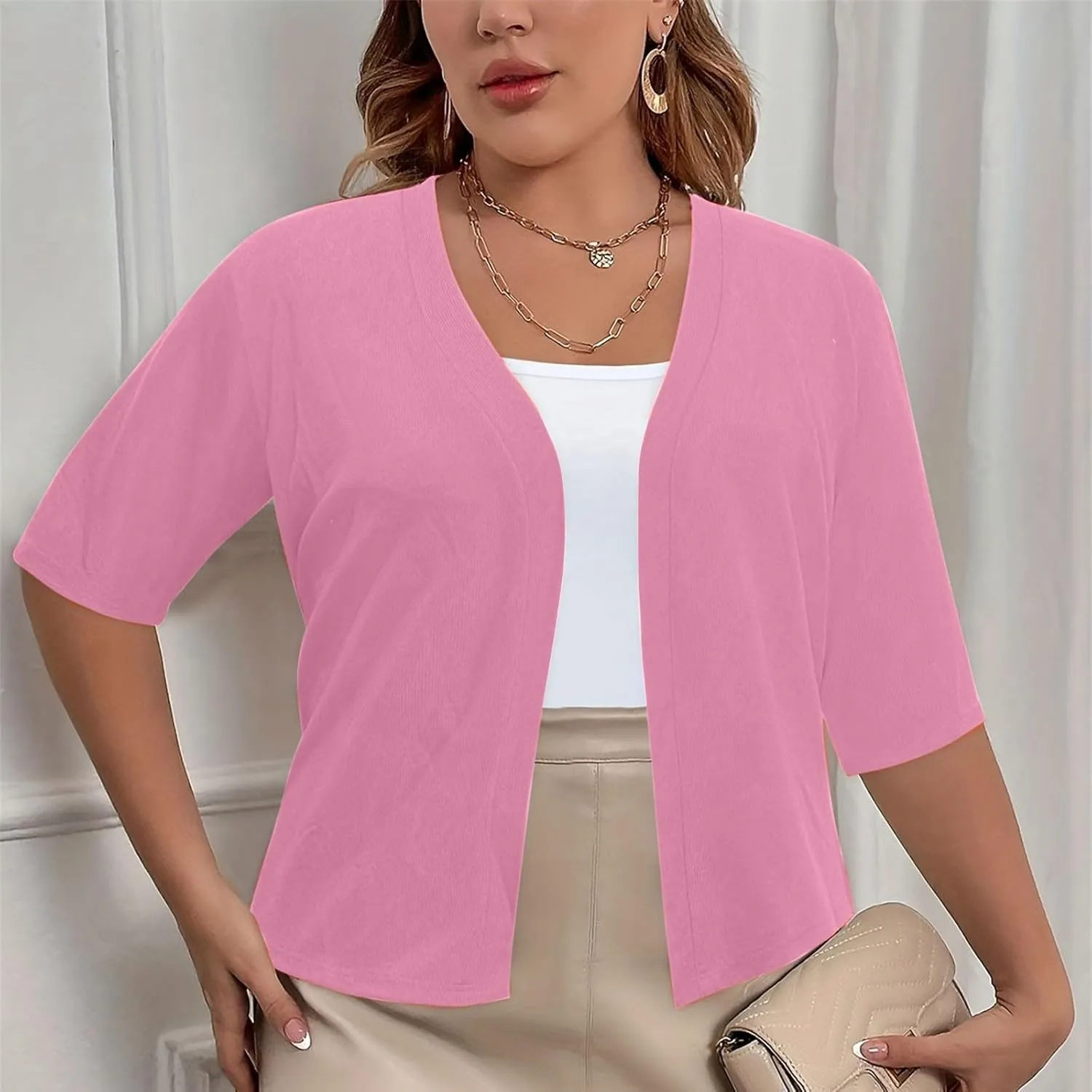 Plus Size Cardigan for Women Open Front Loose Business Casual Bolero Shrugs Short Sleeve Cropped Jacket 2024 Fall