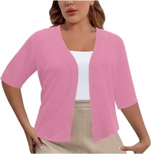 Plus Size Cardigan for Women Open Front Loose Business Casual Bolero Shrugs Short Sleeve Cropped Jacket 2024 Fall