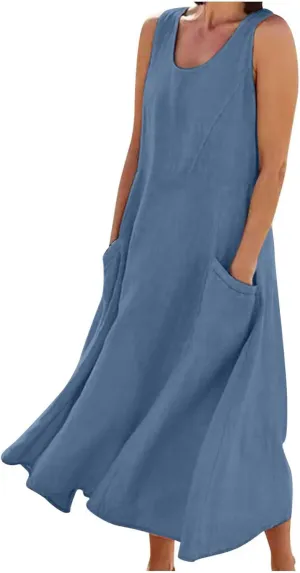 Plus Size Summer Dresses for Women 2025 Casual Plain Sleeveless Linen Tank Dress Beach Sun Dresses with Pockets