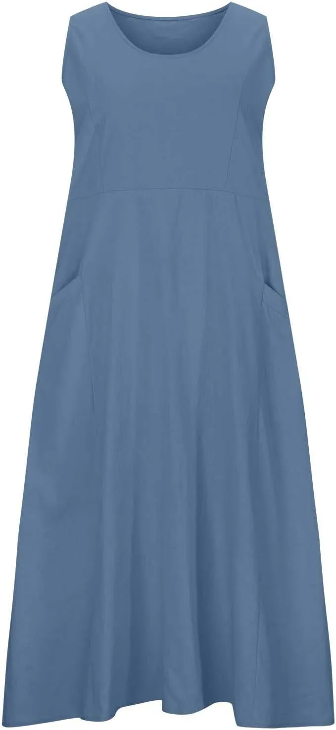 Plus Size Summer Dresses for Women 2025 Casual Plain Sleeveless Linen Tank Dress Beach Sun Dresses with Pockets