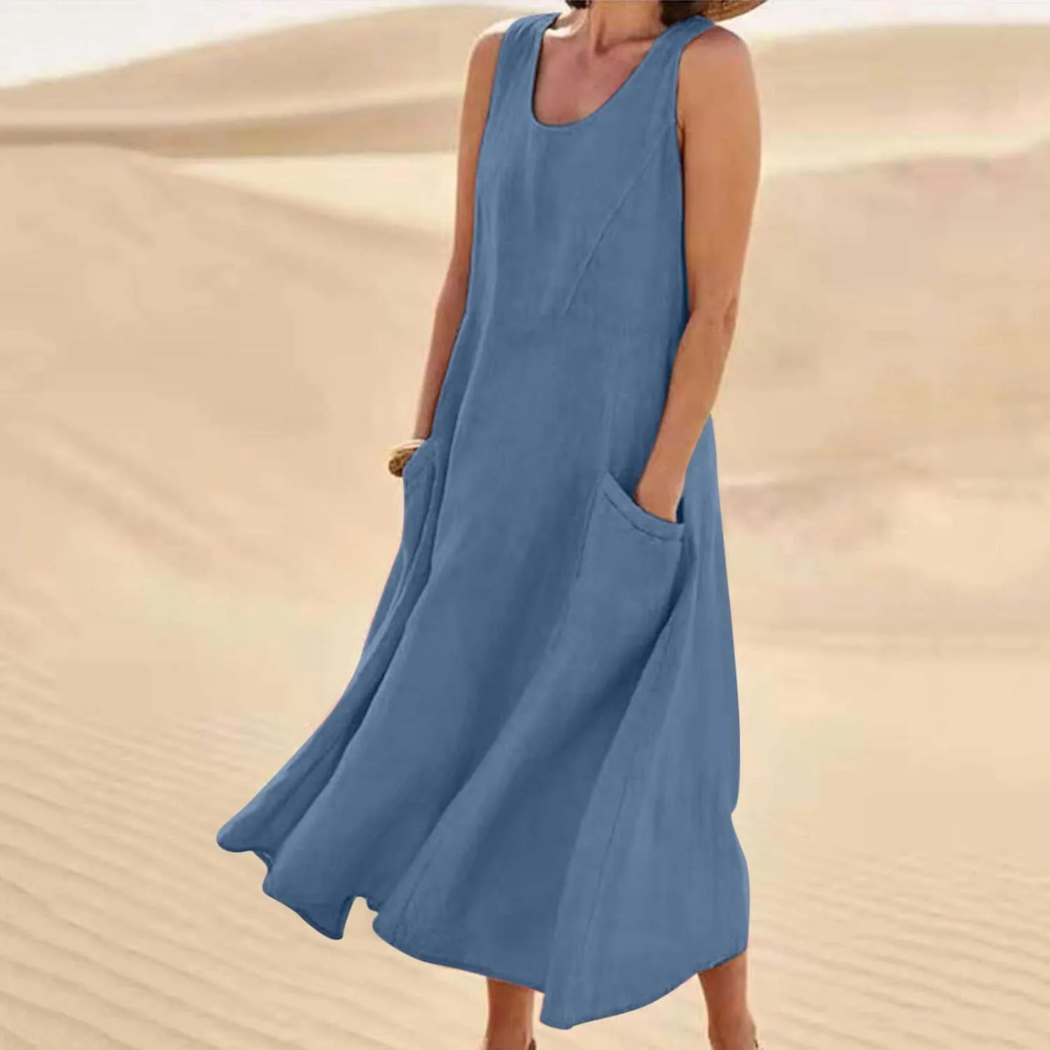 Plus Size Summer Dresses for Women 2025 Casual Plain Sleeveless Linen Tank Dress Beach Sun Dresses with Pockets