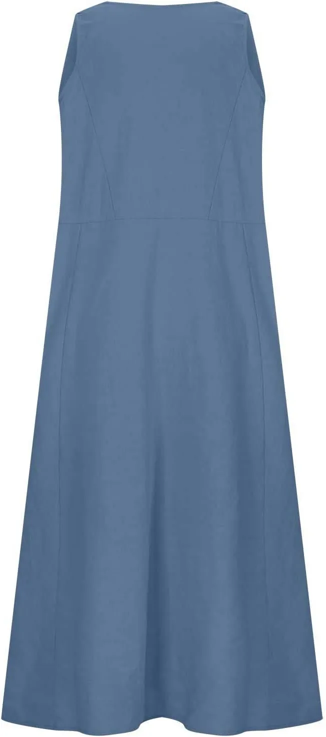 Plus Size Summer Dresses for Women 2025 Casual Plain Sleeveless Linen Tank Dress Beach Sun Dresses with Pockets