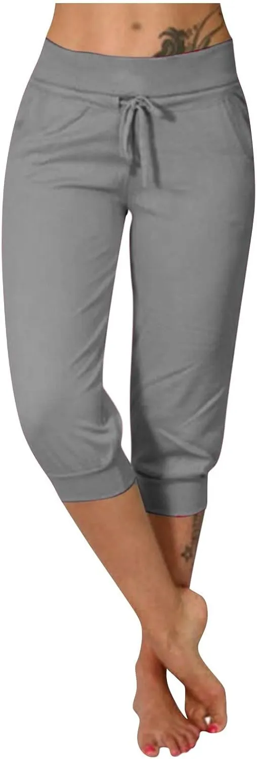 Plus Size Yoga Capris for Women Cropped High Waist Joggers Summer Loose Soft Drawstring Low Rise Capri Sweatpants